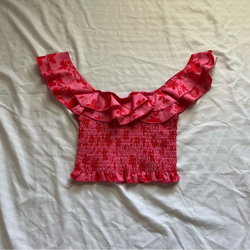 SHEIN Pink Floral Ruffle Crop Top